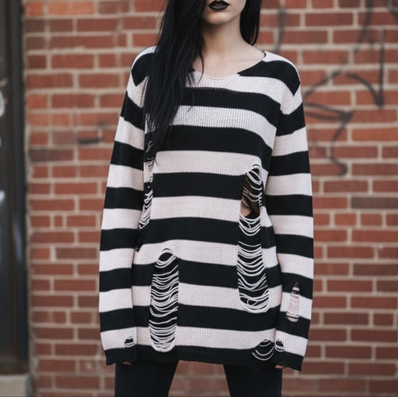 Romwe Super Distressed Black Striped Acrylic Knit Sweater, M - Picture 1 of 13